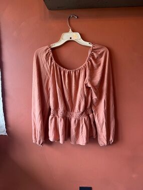 LC Lauren Conrad Rust-Pink Peplum Long-Sleeve Blouse